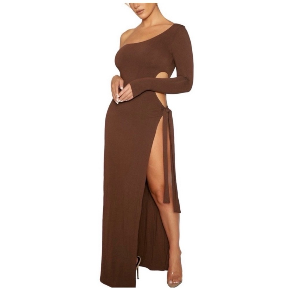 Naked Wardrobe NWOT Chocolate Brown‎ One Shoulder Side Tie Maxi Dress 2X